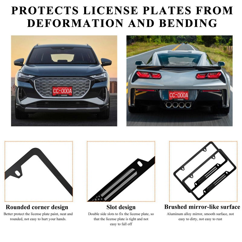 Gasedin 2 PCS Flag License Plate Frame, American Flag Patriotic Stainless Steel Auto Plate Cover, Vintage US Rust-Proof Vehicle License Plate Holder, Universal Car Accessories (Black) - Image 3