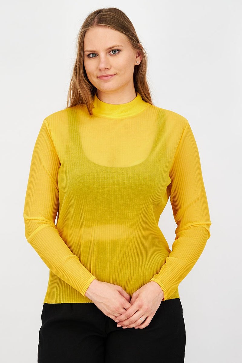Uterque Women Mock Neck Long Sleeve Textured Top, Yellow - Image 1