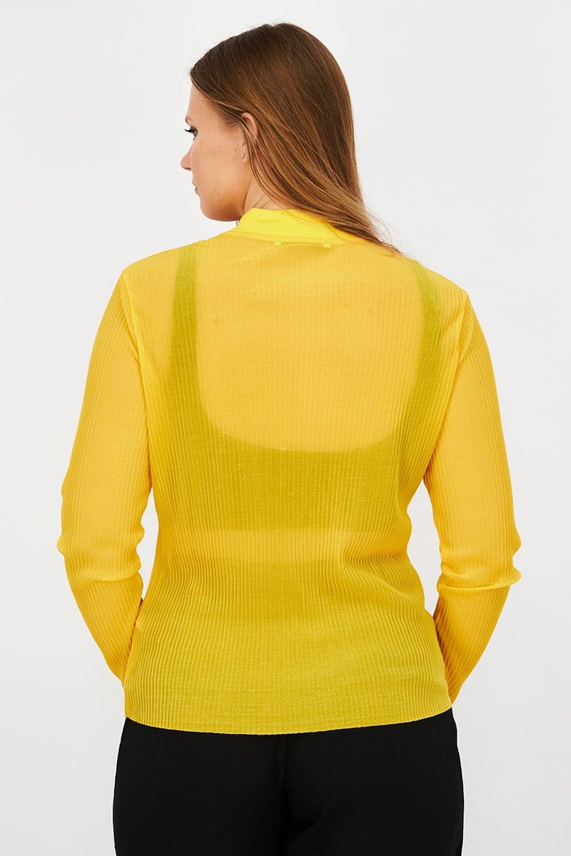 Uterque Women Mock Neck Long Sleeve Textured Top, Yellow - Image 3