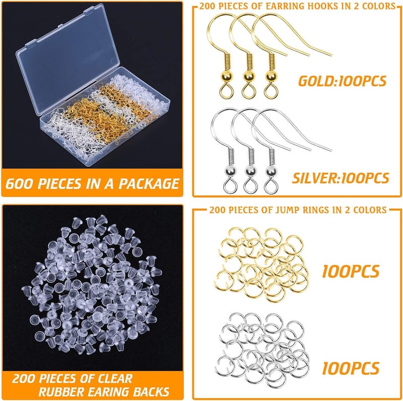 Thrilez Hypoallergenic Earring Hooks, 600Pcs Earring Making Kit with Hypoallergenic Earring Hooks, Jump Rings and Clear Rubber Earring Backs for DIY Jewelry Making (Silver and Gold) - Image 2