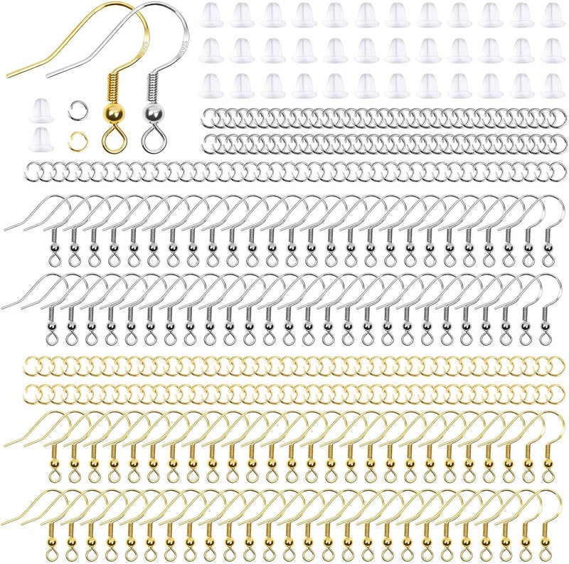 Thrilez Hypoallergenic Earring Hooks, 600Pcs Earring Making Kit with Hypoallergenic Earring Hooks, Jump Rings and Clear Rubber Earring Backs for DIY Jewelry Making (Silver and Gold) - Image 1