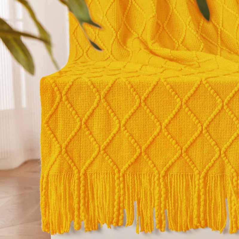 inhand Knitted Fall Throw Blanket for Couch and Bed Knit Fall Decor Halloween Blanket with Tassel Mustard Yellow Lightweight Decorative Farmhouse Warm Woven Blankets and Throws for Women 60x80 - Image 2