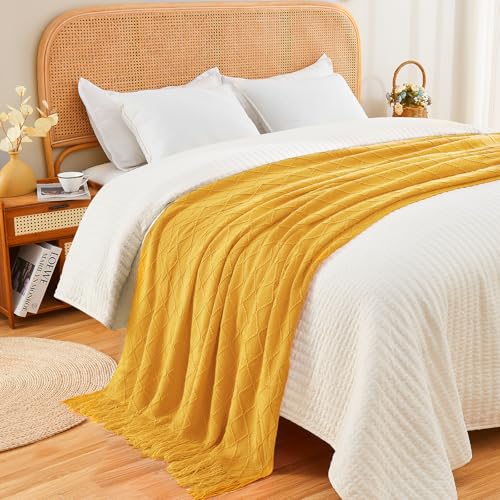 inhand Knitted Fall Throw Blanket for Couch and Bed Knit Fall Decor Halloween Blanket with Tassel Mustard Yellow Lightweight Decorative Farmhouse Warm Woven Blankets and Throws for Women 60x80 - Image 3