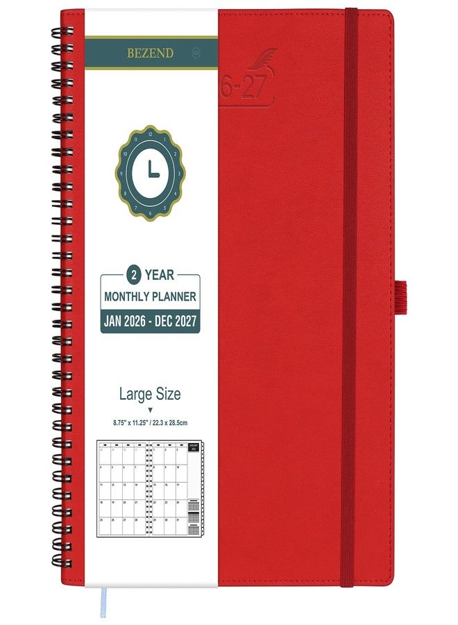 BEZEND 2 Year Month to View Diary 2026-2027 with Notes, Large 28.5 x 22.5 cm (Jan 26 - Dec 27) Spiral Calendar with Tabs & Storage Pockets, 120 GSM Thick Paper, PU Leather Softcover - Red - Image 1