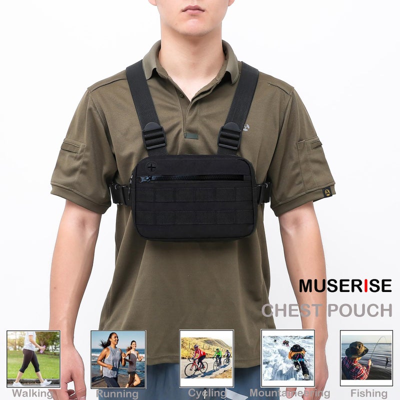 Muserise Outdoor Chest Bag For Men, EDC Chest Pack With Built-In Phone Holder, Lightweight Chest Rig Pouch (Black) - Image 2