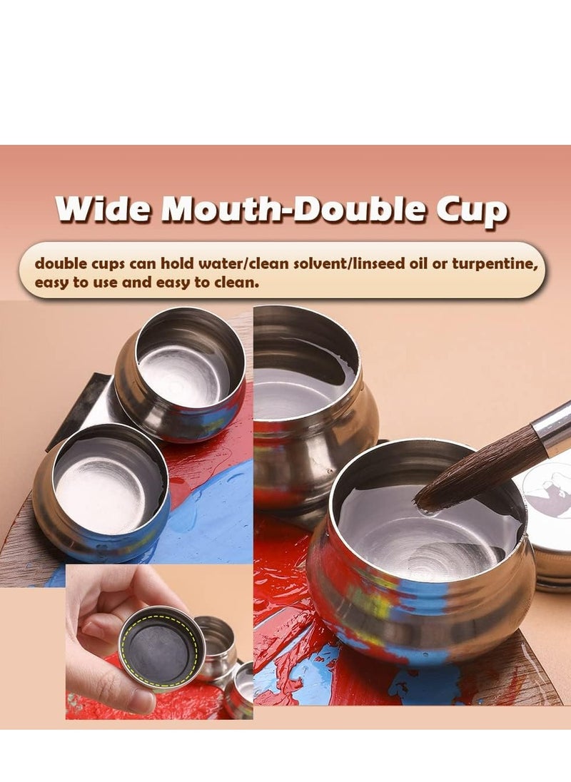 Oil Painting Palette Cup with Lid, Stainless Steel Double Dipper Design, Oil Paint Container Cups