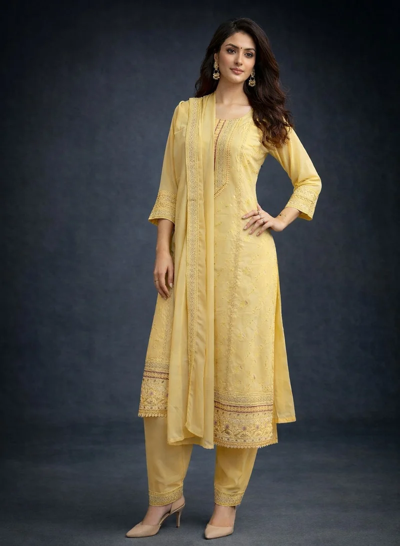 Lehar Sun-Kissed Marigold Embroidered Cotton-Lawn Ensemble