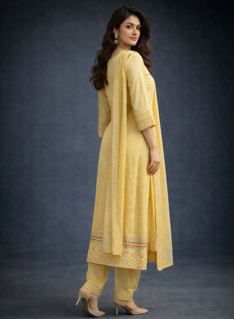 Lehar Sun-Kissed Marigold Embroidered Cotton-Lawn Ensemble