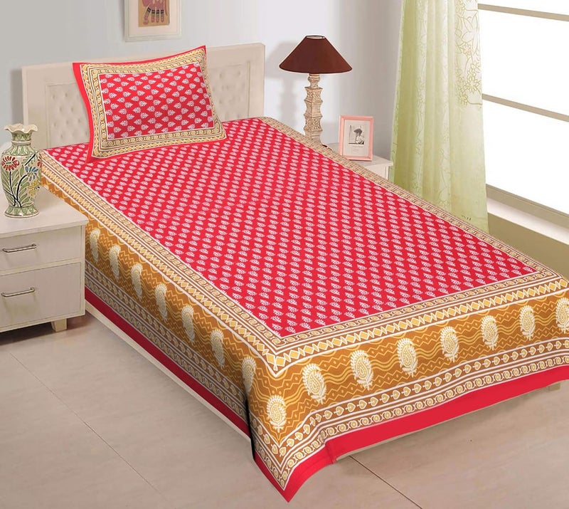 EarlyMart Comfort Rajasthani Jaipuri Traditional Sanganeri Print 144 TC Cotton Single Size Bed Bedsheet with 1 Pillow Cover Single_Bedsheet0024