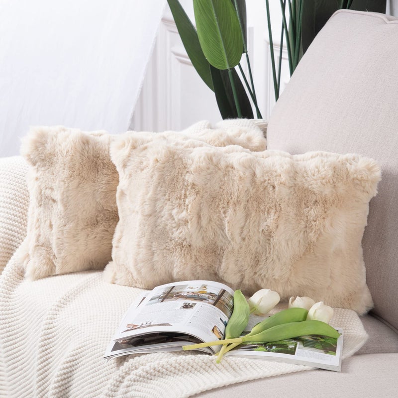 MADIZZ Pack of 2 Thick Plush Wool Throw Pillow Covers 12x20 Inch Beige Soft Decorative Cushion Cover for Sofa Bedroom Pillow Shell - Image 1