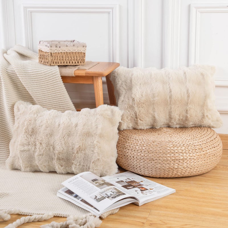 MADIZZ Pack of 2 Thick Plush Wool Throw Pillow Covers 12x20 Inch Beige Soft Decorative Cushion Cover for Sofa Bedroom Pillow Shell - Image 2
