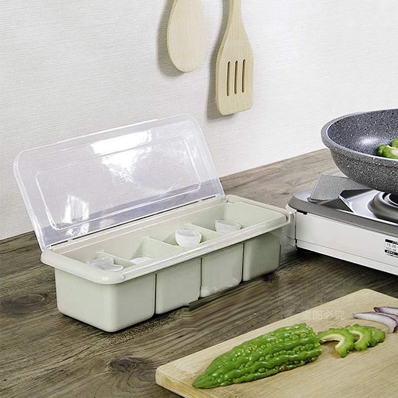comfrt Spice Boxes for Kitchen, 4 Compartments Seasoning Containers with Lids and Spoon (Green) - Image 3