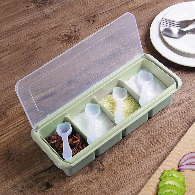 comfrt Spice Boxes for Kitchen, 4 Compartments Seasoning Containers with Lids and Spoon (Green) - Image 2