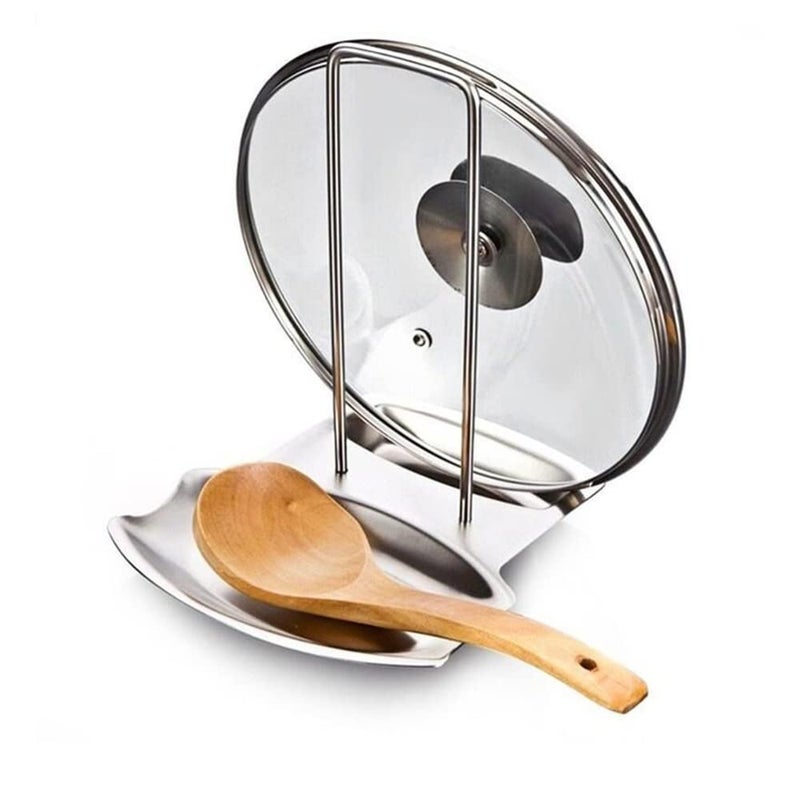 Arabest Spoon Rest and Pot Lid Holder, Stainless Steel Pan Pot Cover Lid Rack Shelf Stand Holder Spoon Holder, Utensil Rest Stove Organizer Storage Soup Spoon Rests Kitchen Tool - Image 1