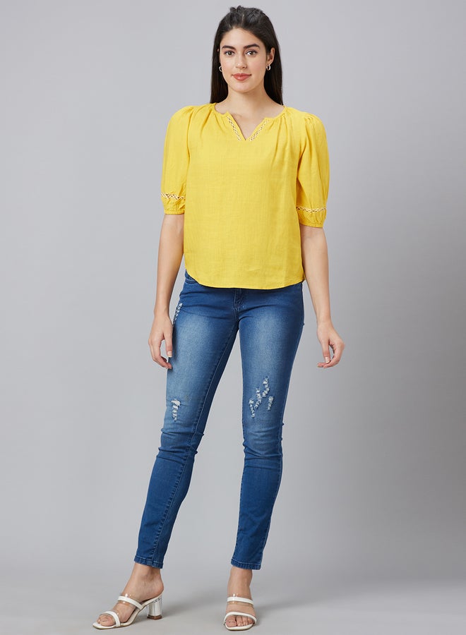 globus Lace Detail Puff Sleeves Notch Neck Top - Image 2