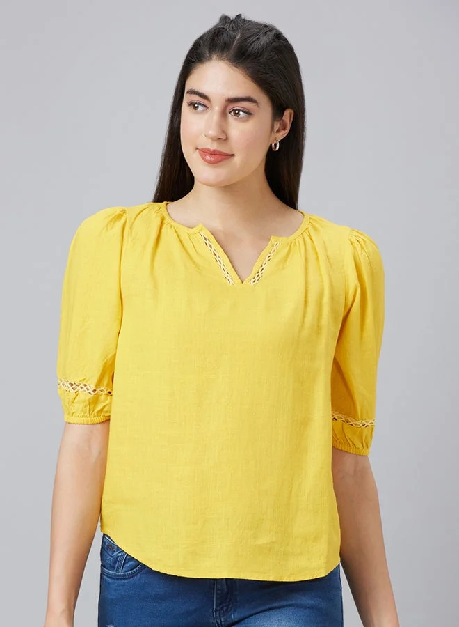 globus Lace Detail Puff Sleeves Notch Neck Top