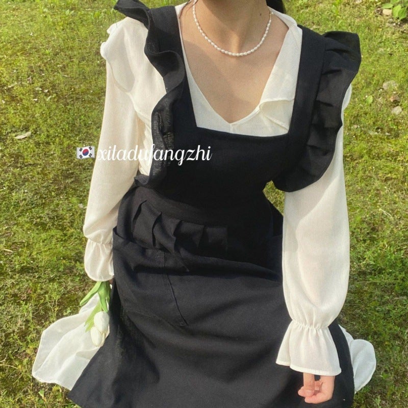 Loquat DCEA Chic Apron with Ruffle Trim and Cross-Back Ties Black