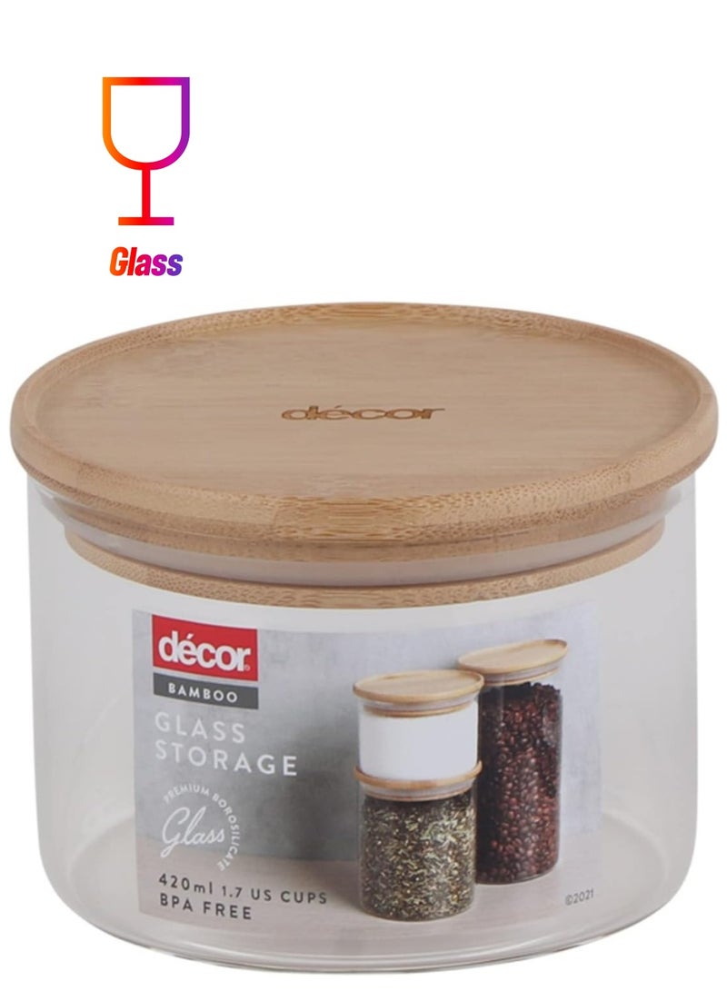 Decor Bamboo Glass Storage Jars Clear Airtight Food Canisters For Kitchen With Wooden lid | 420ml, Clear/Wood - Image 1