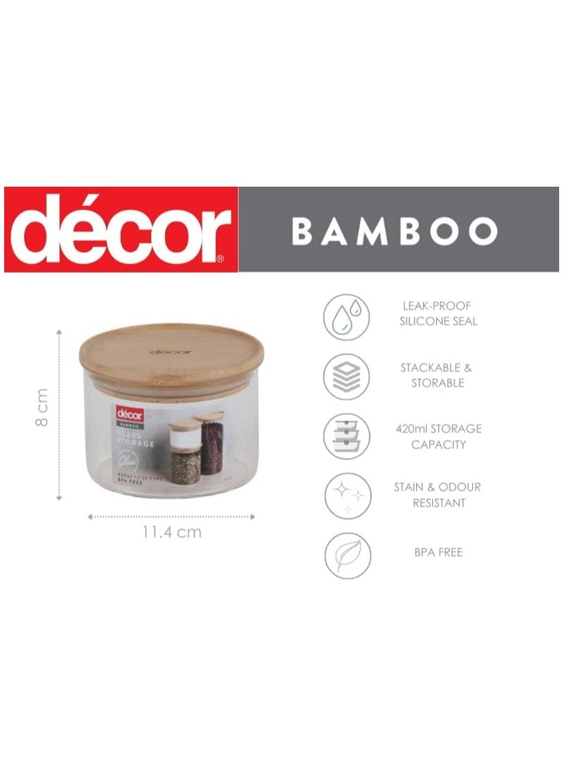 Decor Bamboo Glass Storage Jars Clear Airtight Food Canisters For Kitchen With Wooden lid | 420ml, Clear/Wood - Image 2