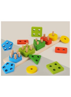 Wooden Sorting & Stacking Toys (20 Pcs), Shape Color Recognition Geometric Blocks Matching Puzzle- 5 in 1 Column Set-Staking Set, Shapes