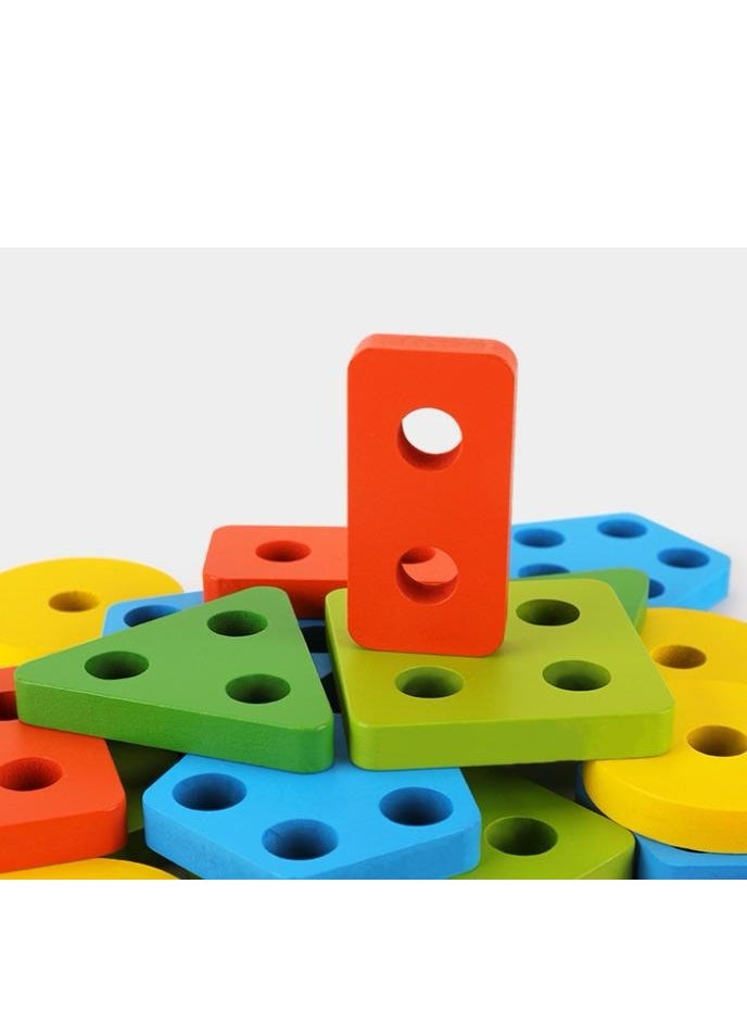 EDUTREE - Wooden Sorting & Stacking Toys (20 Pcs), Shape Color Recognition Geometric Blocks Matching Puzzle- 5 in 1 Column Set-Staking Set, Shapes - Image 1