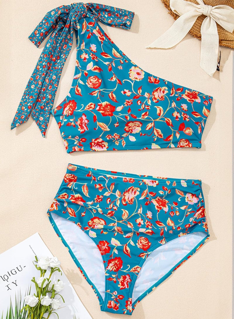 Herseas Women's One Bow Shoulder Bikini Sets 2 Piece High Waisted Ruching Bottom Swim Suit Blue Floral Print Bathing Suit Classic Pool Party Swimming Wear Large - Image 5