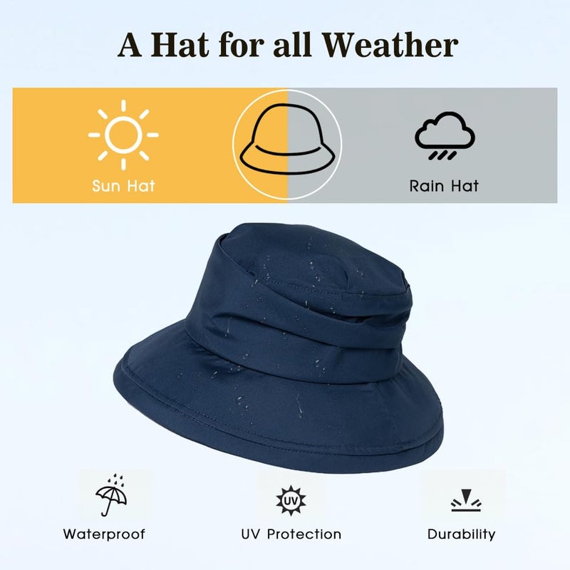 Comhats Rain Hat for Women Waterproof Wide Brim Sun Hats for Ladies UPF 50+ Summer Traveling Bucket Hats Beach Foldable Navy Large - Image 1