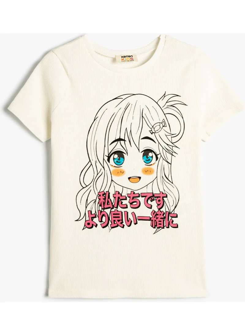 KOTON Crop T-Shirt Anime Printed Short Sleeve Cotton