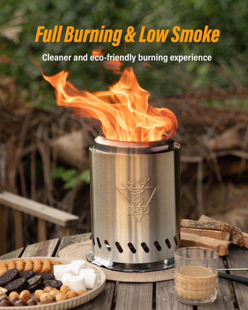 YEFU Tabletop Fire Pit 9.7 x 7.1 in, Low Smoke Camping Stove for Outdoor & Patio, Fueled by Pellets or Wood, Safe Burning Table Top Firepit, with Travel Bag & 2 Mini Sticks & Fireproof Mat, Silver - Image 3