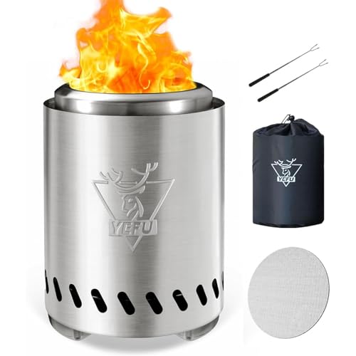 YEFU Tabletop Fire Pit 9.7 x 7.1 in, Low Smoke Camping Stove for Outdoor & Patio, Fueled by Pellets or Wood, Safe Burning Table Top Firepit, with Travel Bag & 2 Mini Sticks & Fireproof Mat, Silver - Image 1