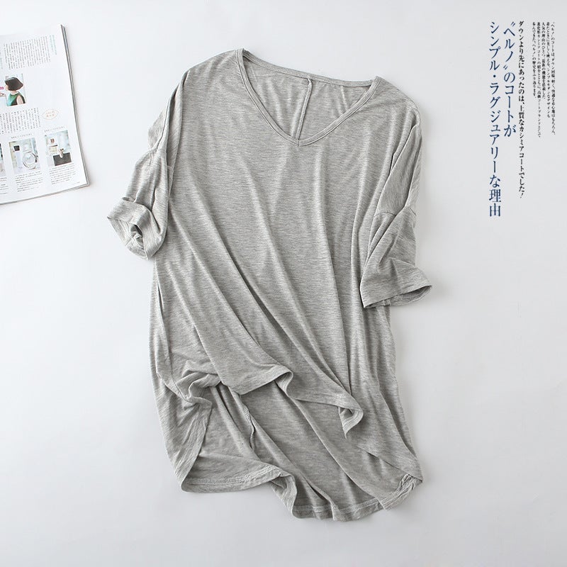Modal Batwing Sleeve Mid-Sleeve T-Shirt Women'S Casual Korean-Style V-Neck Solid Color Plus Size Half-Sleeve Base Shirt - Image 4