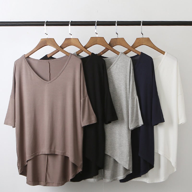 Modal Batwing Sleeve Mid-Sleeve T-Shirt Women'S Casual Korean-Style V-Neck Solid Color Plus Size Half-Sleeve Base Shirt - Image 2