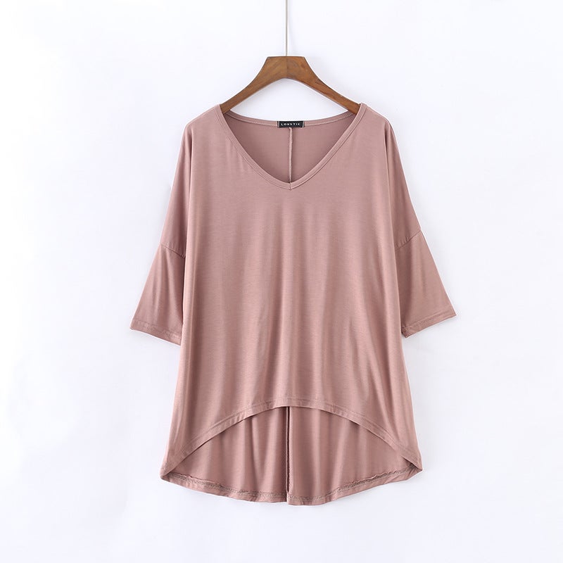 Modal Batwing Sleeve Mid-Sleeve T-Shirt Women'S Casual Korean-Style V-Neck Solid Color Plus Size Half-Sleeve Base Shirt - Image 1