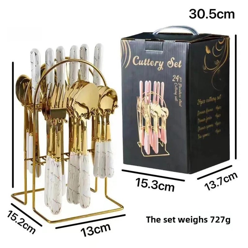 Cross-Border Stainless Steel Tableware 24-Piece Set Scandinavian Dark Green Hotel Western Tableware Steak Knife Storage Rack Gift Box Wholesale(Platinum 24-piece set) - Image 1