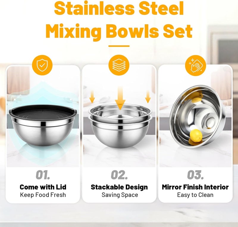 Beasea Mixing Bowls with Lids, 2 Pack 4 QT Stackable Stainless Steel Mixing Bowls Set with Airtight Lids, Metal Nesting Bowl for Kitchen, Baking, Food Prepping and Serving - Image 3
