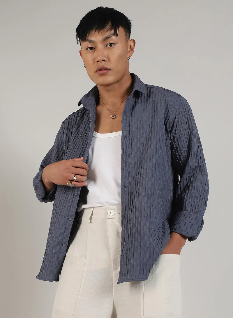 Campus Sutra Men's Prussian Blue Crinkled-Weave Shirt