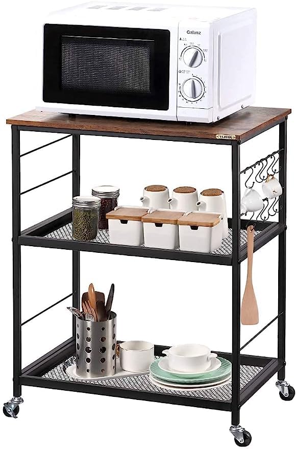 Generic Indian Decor 35715 Classic 3Tier Kitchen Cart with Storage Vintage Microwave Oven Stand on Wheels Rolling Bakers Rack with Metal Frame and 10 Hooks Coffee Cart for Living Room Restaurant  - Image 1