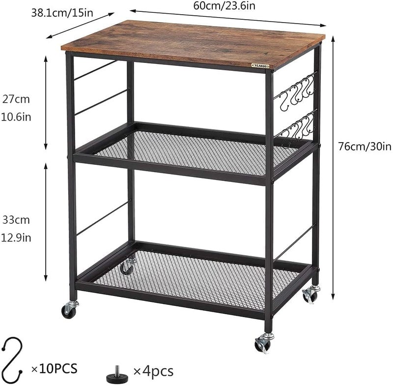 Generic Indian Decor 35715 Classic 3Tier Kitchen Cart with Storage Vintage Microwave Oven Stand on Wheels Rolling Bakers Rack with Metal Frame and 10 Hooks Coffee Cart for Living Room Restaurant  - Image 3