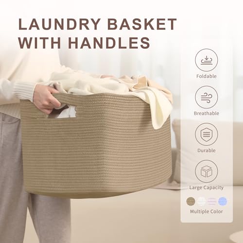 SunNewt 86L Large Wicker Laundry Basket for Living Room Storage,Boho Woven Cotton Rope Baskets for Kids Toy,Gifts,Square Blanket Hamper for Bedroom Dirty Clothes,Jute - Image 4