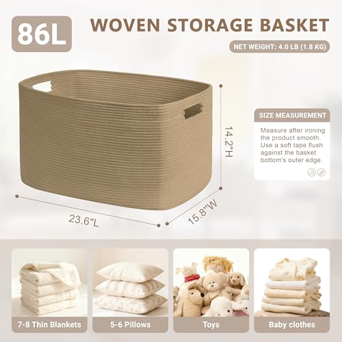 SunNewt 86L Large Wicker Laundry Basket for Living Room Storage,Boho Woven Cotton Rope Baskets for Kids Toy,Gifts,Square Blanket Hamper for Bedroom Dirty Clothes,Jute - Image 2
