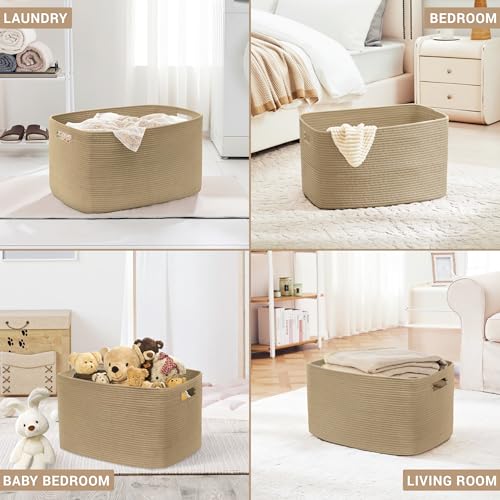SunNewt 86L Large Wicker Laundry Basket for Living Room Storage,Boho Woven Cotton Rope Baskets for Kids Toy,Gifts,Square Blanket Hamper for Bedroom Dirty Clothes,Jute - Image 5