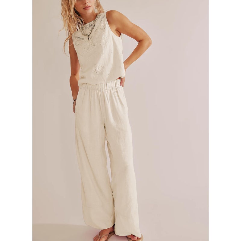 SeeLuNa Linen Pants for Women Cotton Baggy Boho Casual Palazzo Pants Wide Leg Long Lounge Trousers with Pockets(Apricot, L) - Image 5