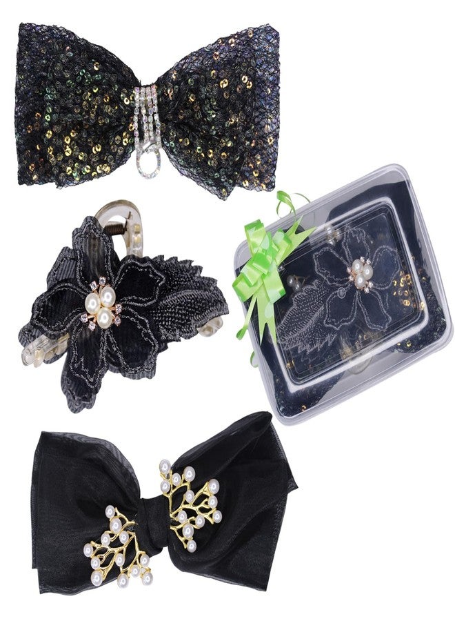 BOXO Chic Hair Accessory Set Dazzling Sequin Bow, Classic Plain Bow, And Elegant Flower Clutcher For Effortless Style For Women Girls And Gifting Purpose (Black) (Combo Set Of 3) - Image 1