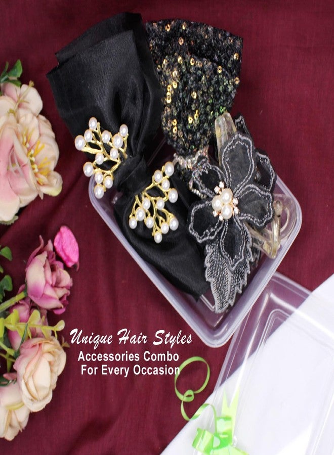 BOXO Chic Hair Accessory Set Dazzling Sequin Bow, Classic Plain Bow, And Elegant Flower Clutcher For Effortless Style For Women Girls And Gifting Purpose (Black) (Combo Set Of 3) - Image 5