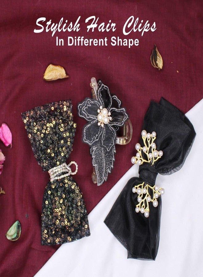 BOXO Chic Hair Accessory Set Dazzling Sequin Bow, Classic Plain Bow, And Elegant Flower Clutcher For Effortless Style For Women Girls And Gifting Purpose (Black) (Combo Set Of 3) - Image 3