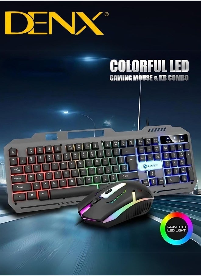 Denx Wired Keyboard Set , Led Gaming Keyboard With Mouse Set White With Gaming Mousepad Black/Blue , Wired Rgb Backlit Keyboard And Gaming Mouse Set  - Image 1