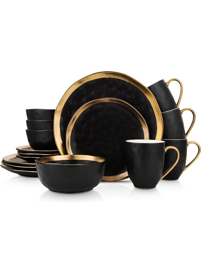 Stone Lain Florian Modern Porcelain 16 Piece Dinnerware Set Plates and Bowls Set Dish set for 4 Black And Golden Rim - Image 1