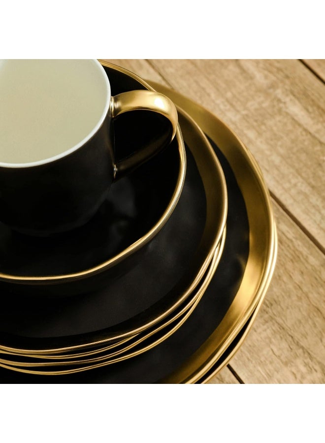 Stone Lain Florian Modern Porcelain 16 Piece Dinnerware Set Plates and Bowls Set Dish set for 4 Black And Golden Rim - Image 4