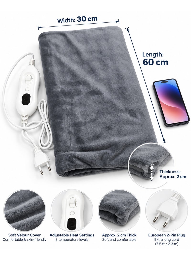 PRIMA HP3060S Electric Heating Pad for Back & Joint Pain Relief with 4 Heat Settings, 90-Min Auto-Off, Extra Long Cord & Machine Washable Velour Cover (60 x 30 cm) - Grey - Image 5