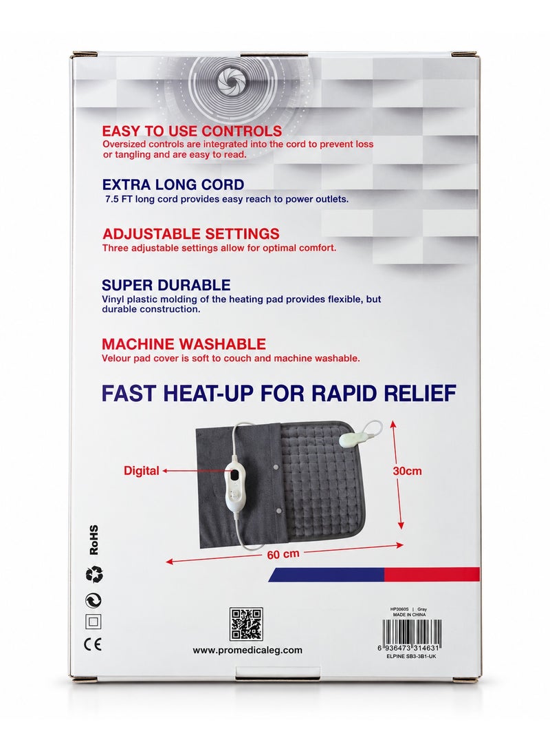 PRIMA HP3060S Electric Heating Pad for Back & Joint Pain Relief with 4 Heat Settings, 90-Min Auto-Off, Extra Long Cord & Machine Washable Velour Cover (60 x 30 cm) - Grey - Image 2
